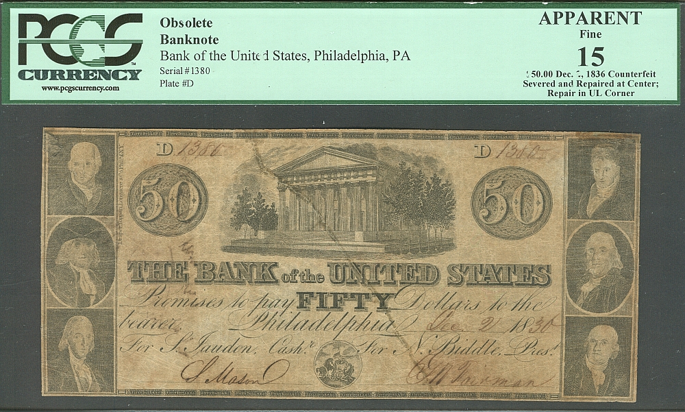 Philadelphia, Bank of the United States, December 2, 1830 $50 Ctft., PCGS-15a, 1380
